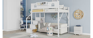 English Elm Full Size Loft Bed With Integrated Wardrobe, Stairs, House-Shaped Guardrails & Space-Saving Design W2593S00037