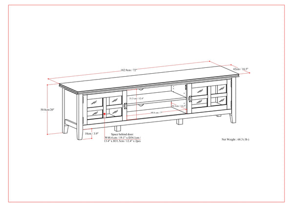 English Elm Artisan 72-inch Low TV Media Stand in Russet Brown Pine — Handcrafted, Fits TVs to 80", Glass Doors B136P261845