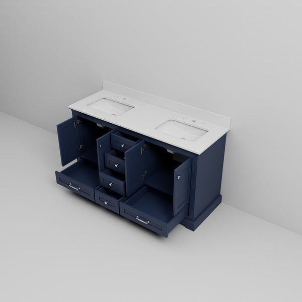 English Elm Navy Blue Double Bath Vanity 60" W X 22" D With Elegant White Quartz Top & Ample Storage Space B2731P258246