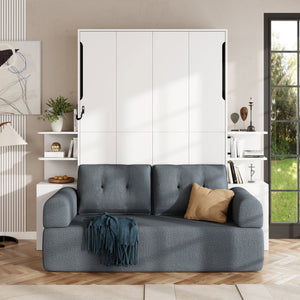 English Elm Full Size Murphy Bed System with Integrated Sofa and Storage Towers for Guest Rooms White+Gray LP000380AAE