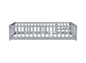 English Elm Twin Solid Rubberwood Floor Bed with Full Perimeter Safety Rails for Toddler Rooms Grey W504P296776
