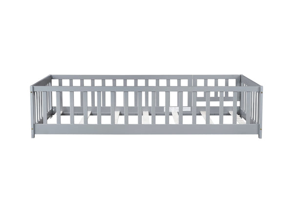 English Elm Twin Solid Rubberwood Floor Bed with Full Perimeter Safety Rails for Toddler Rooms Grey W504P296776