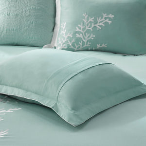 English Elm Oversized Cotton Jacquard Comforter Set Aqua Twin - Coastal Embroidered Coral Design, Overfilled Luxury Bedding B03595759
