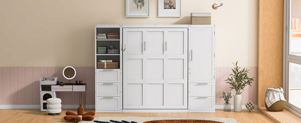 English Elm Queen Murphy Wall Bed with Wardrobe Drawers and Shelves for Studio or Guest Room White LP000865AAK-2