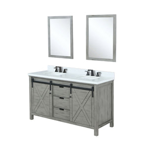 English Elm Ash Grey Double Bath Vanity With White Quartz Top, Matte Black Faucet, & 24" Mirrors - Stylish Storage B2731S01072