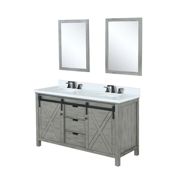 English Elm Ash Grey Double Bath Vanity With White Quartz Top, Matte Black Faucet, & 24" Mirrors - Stylish Storage B2731S01072