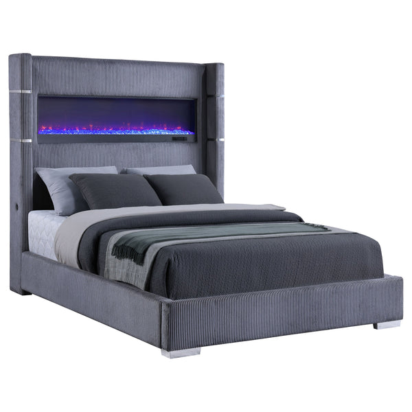 English Elm Haven Plush Grey Upholstered Queen Bed with Corduroy Texture and Remote-Control LED Flame Box Ambience B062P342729