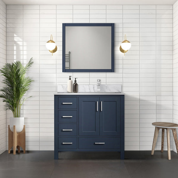 English Elm Navy Blue Bath Vanity With Carrara Marble Top, Right Offset Sink, Soft-Close Drawers & Storage B2731P258857