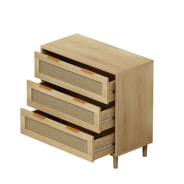 English Elm 3-Drawers Rattan Storage Cabinet Set Of 2 - Stylish Oak Cabinets For Bedroom, Living Room & More! W757S00025