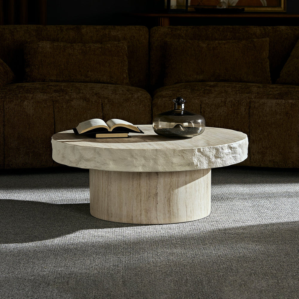 English Elm 31.69 Inch Round Fiberglass Coffee Table Sculptural Stone Finish for Modern Living Room W876P450501
