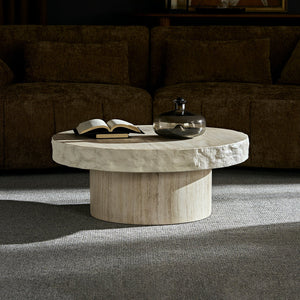 English Elm 31.69 Inch Round Fiberglass Coffee Table Sculptural Stone Finish for Modern Living Room W876P450501