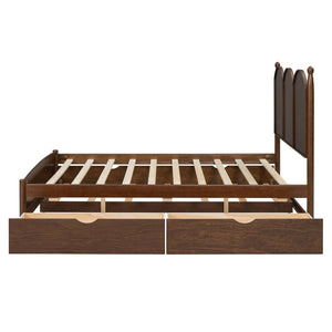 English Elm Queen Size Platform Bed With Twin Xl Trundle & 2 Spacious Drawers - Elegant Walnut Design Upgrade N820S00025D-GIGA