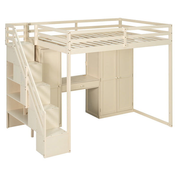 English Elm Full Size Loft Bed with Wardrobe Dressing Mirror Usb Ports and Teen Room Storage LT000276AAA