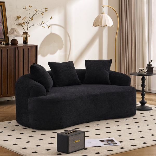 English Elm LY-025S Black Curved Loveseat — Chenille Velvet, 30D Foam & Spring Comfort, No Assembly, 65" Compact Sofa with 3 Pillows W2231P329643