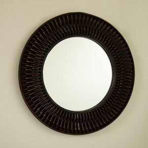 English Elm 24'' Aura Mirror Rustic Dark Bamboo Round Wall Mirror with Hand-Finished Log-Style Frame for Home Decor W2615P346487