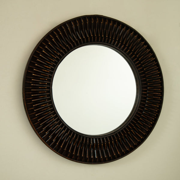 English Elm 24'' Aura Mirror Rustic Dark Bamboo Round Wall Mirror with Hand-Finished Log-Style Frame for Home Decor W2615P346487