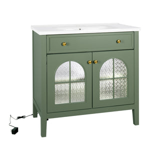 English Elm 35.6" Freestanding Bathroom Vanity with Roman Column Base and Ceramic Integrated Sink Green W1801S00014