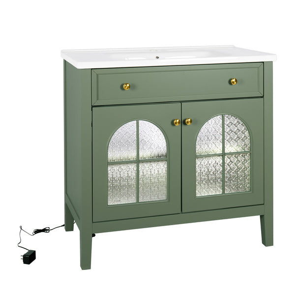English Elm 35.6" Freestanding Bathroom Vanity with Roman Column Base and Ceramic Integrated Sink Green W1801S00014