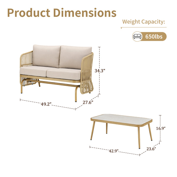 English Elm 2-person Handwoven Pe Rattan Glider Set Outdoor Patio Loveseat with Coffee Table T3773P419905