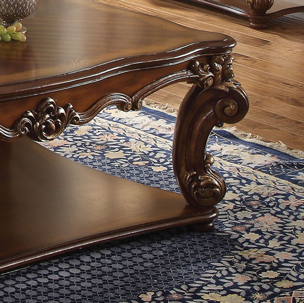 English Elm Cherry Scrolled End Table with Bottom Shelf, Cherry Finish Square Top, Elegant Trim, Storage Surface B062P209123