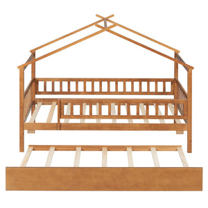 English Elm Twin House Bed with Trundle Solid Pine Frame Walnut Kids Bedroom Sleepover N708P357115L