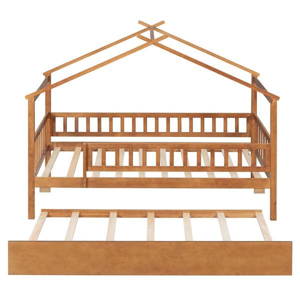English Elm Twin House Bed with Trundle Solid Pine Frame Walnut Kids Bedroom Sleepover N708P357115L