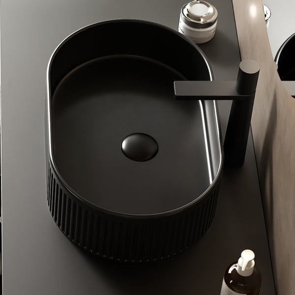 English Elm 20'' Oval Striped Vessel Ceramic Sink, Black Sintered Stone Countertop, Pre-Drilled Hole, Scratch & Water Resistant, Faucet Spout ≥9" Recommended W2615P226068