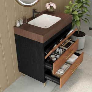 English Elm Modern Freestanding Vanity with Ceramic Vessel Sink and Gold Leg Sintered Stone Top W3136S00051