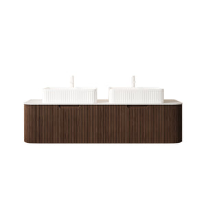 English Elm Dina 60 Inch Floating Bathroom Vanity Sintered Stone Top Dual Glass Basins Wood Grain Dark Walnut,White W2615S00171
