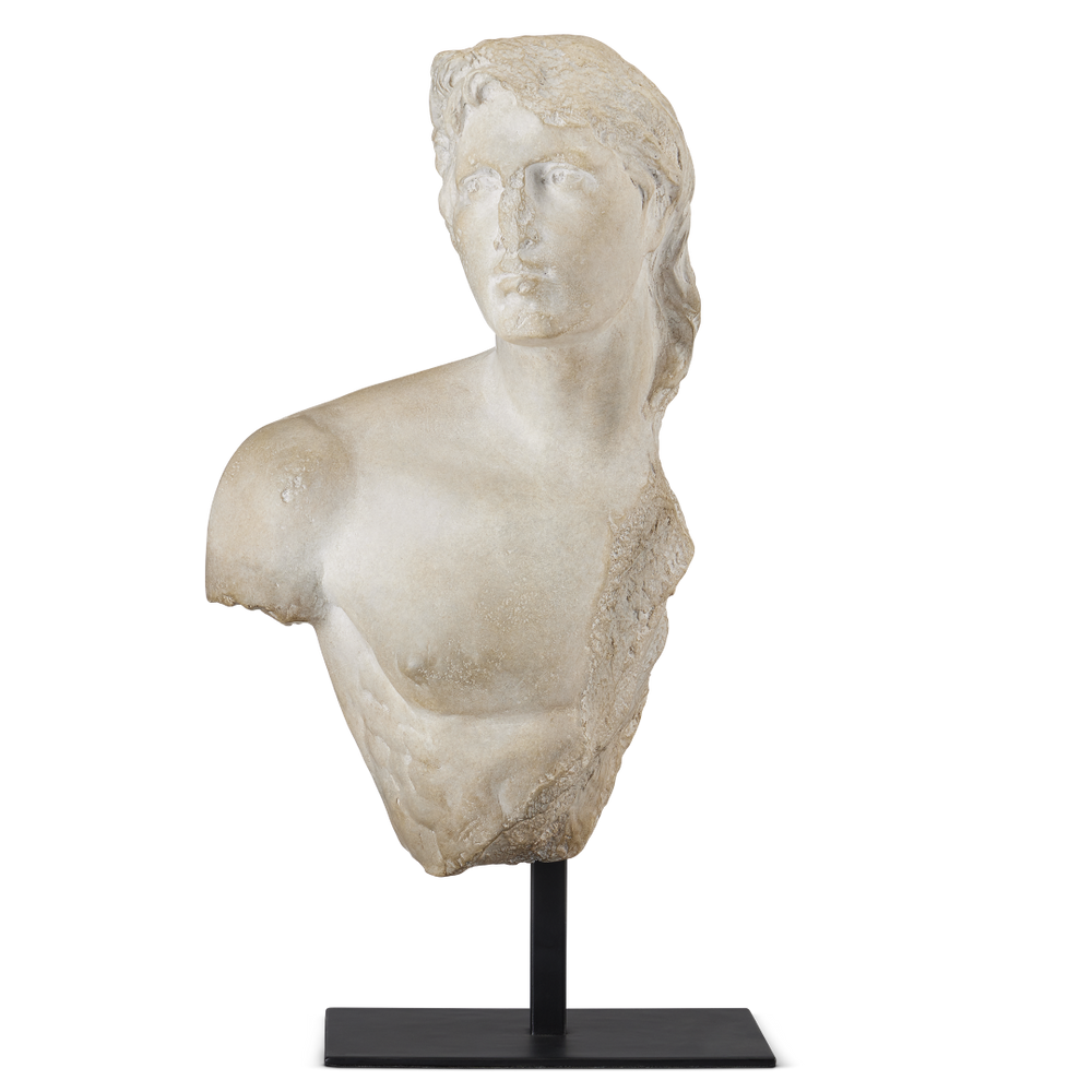 Young Royal Greek Torso Sculpture - Aged Beige Composite Artwork on Metal Base for Elegant Decor