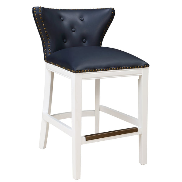 English Elm Macon Midnight Blue Faux Leather Counter Stool with Tufted Back, Antique Brass Nailhead Trim, White Wood Base B050P364431