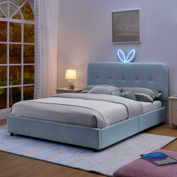 English Elm Queen Boucle Upholstered Kids Bed with Rabbit Ear Headboard Led Lighting Storage Drawers Navy W1413P384928