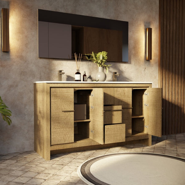 English Elm Rustic Acacia Double Bath Vanity With White Quartz Top - Elegant Storage, Soft-Close Drawers & More! B2731P259209-GIGA