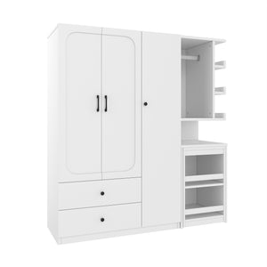 English Elm Multifunctional Wardrobe Cabinet with Fold Out Desk Hanging Rod and Storage Drawers Light White W1580S00475