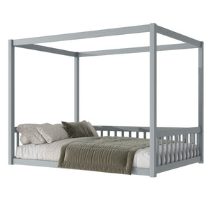 English Elm Full Size Canopy Floor Bed With Guardrails - Sturdy Rubberwood Frame In Soft Grey Finish W504P345754