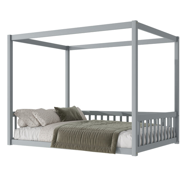 English Elm Full Size Canopy Floor Bed With Guardrails - Sturdy Rubberwood Frame In Soft Grey Finish W504P345754