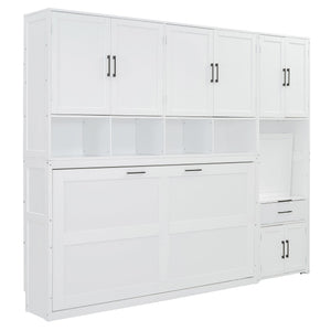 English Elm Twin Murphy Wall Bed with Integrated Closet Drawers and Desk for Studio Spaces White LP000595AAK-2