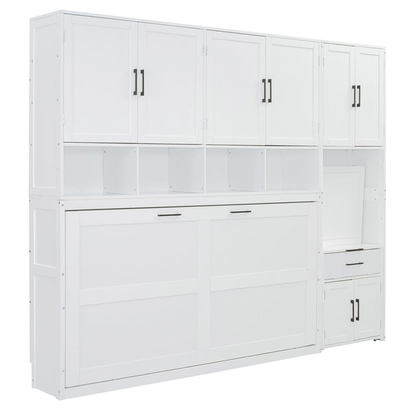 English Elm Twin Murphy Wall Bed with Integrated Closet Drawers and Desk for Studio Spaces White LP000595AAK-2
