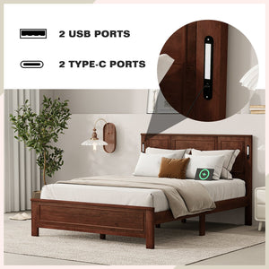 English Elm Queen Pinewood Platform Bed Farmhouse Tall Panel Headboard with Led Lighting and Usb Ports Walnut W504P391092