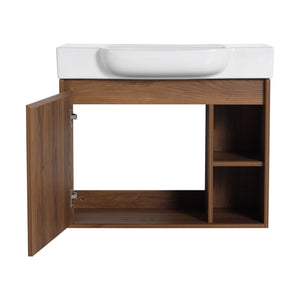 English Elm 28'' 28" Wall-Mounted Bathroom Vanity with White Ceramic Sink, Soft-Close Door, Open Shelves, KD-Pack W999P263409