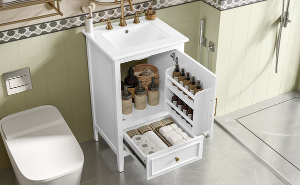 English Elm 20" Bathroom Vanity with Sink and Ceramic Top, Modern Freestanding Cabinet with Drawer & Shelf Storage, Adjustable Feet for Stability and 200lb Capacity White N725P192821K