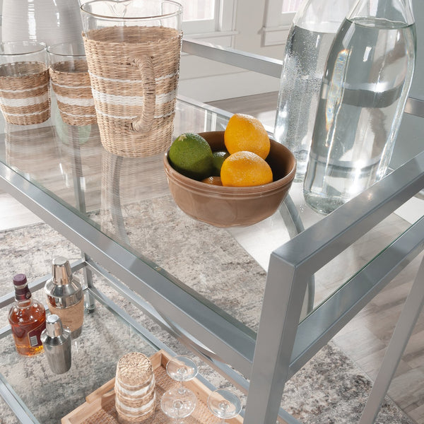 English Elm Contemporary Rolling Bar Cart with Tempered Glass Shelves and Gray Metal Frame B356P367947
