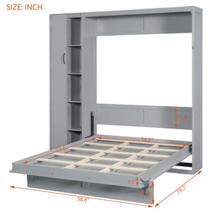 English Elm Full Size Murphy Bed with Open Shelving Wardrobe and Led Lighting for Studio Spaces Gray LP000898AAE-1