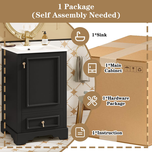 English Elm 20 Inch Bathroom Vanity with Ceramic Sink, Soft-Close Door, Adjustable Shelf, Smart Storage Organizing Design Black N729P299505B