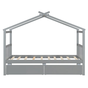 English Elm Twin House Bed Solid Pine Kids Cottage Frame with Storage Drawers Imaginative Room Gray N708P309245E