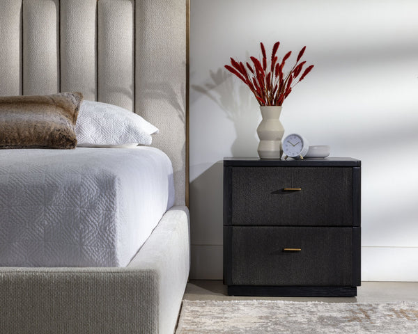 Sunpan Etienne Nightstand: Elegant Linear Design with Antique Brass Handles & Unique Wood Character Elements Black