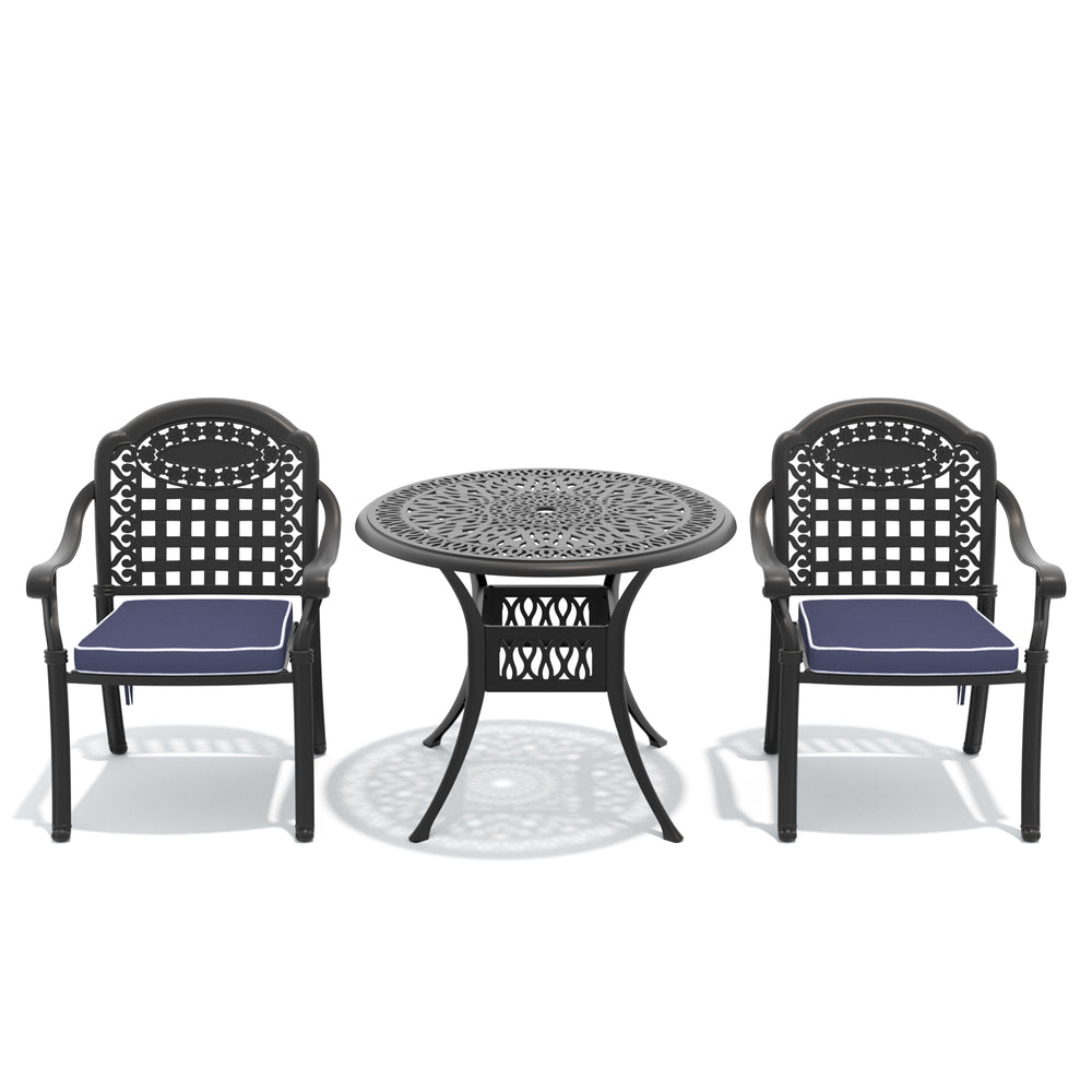 English Elm 3-piece Cast Aluminum Outdoor Bistro Set with Carved Petal Patterned Stacking Chairs W1710S00627