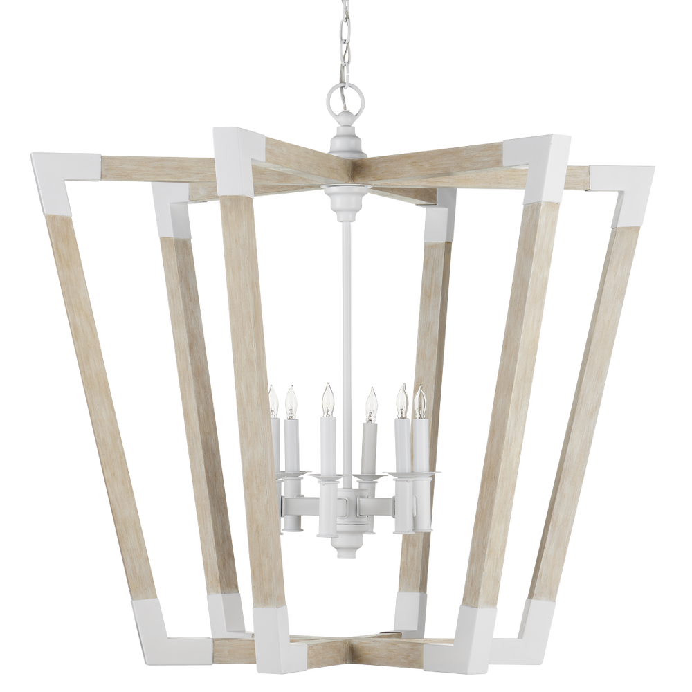 Bastian Sandstone Lantern - Elegant Arts & Crafts Inspired Chandelier in Sugar White and Wood Finish