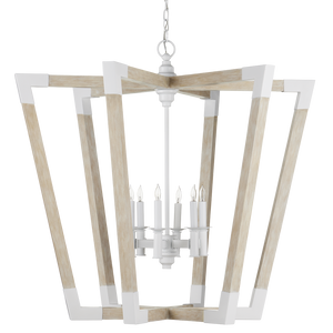 Bastian Sandstone Lantern - Elegant Arts & Crafts Inspired Chandelier in Sugar White and Wood Finish