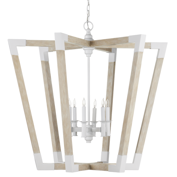Bastian Sandstone Lantern - Elegant Arts & Crafts Inspired Chandelier in Sugar White and Wood Finish